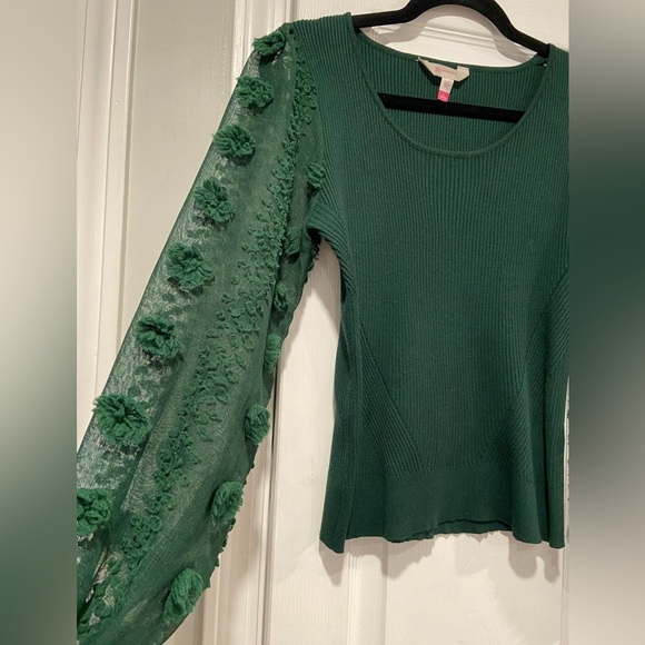 No Boundaries Green Ribbed Knit Sheer Puff Ruffle Embroidered Sleeve Size L - Picture 7 of 11